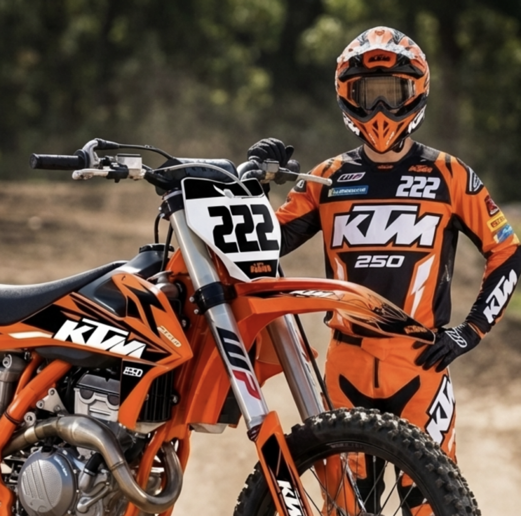 KTM 250 orange dirt bike with motocross rider in matching orange racing gear and helmet, race number 222