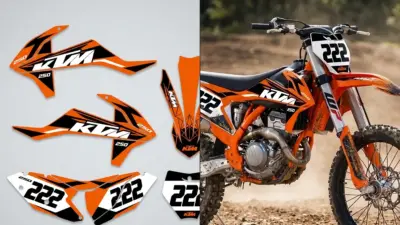 Orange KTM 250 motocross bike with #222 race number and matching orange-black graphic decal kit