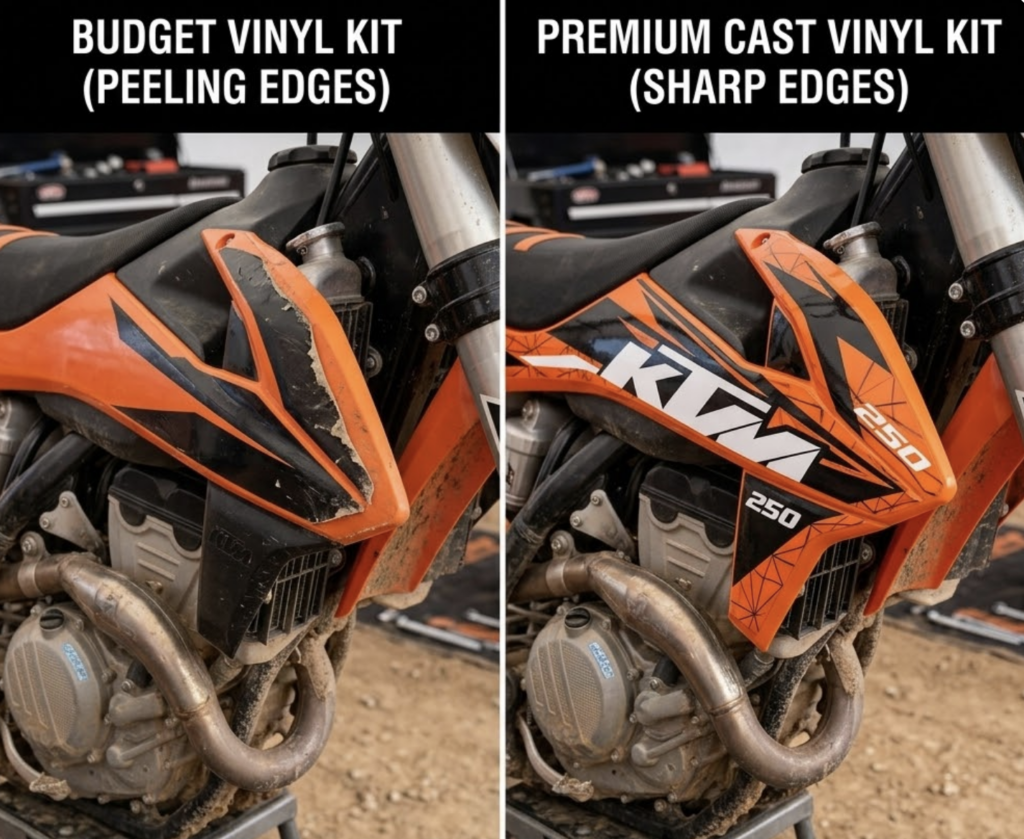 KTM vinyl kit comparison: budget peeling vinyl vs premium cast vinyl on orange KTM 250 dirt bike