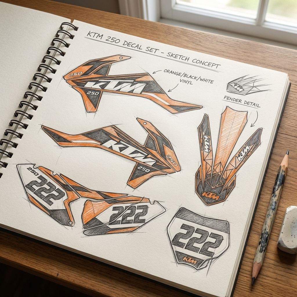 KTM 250 decal set concept sketch of orange, black and white dirt bike graphics with number 222