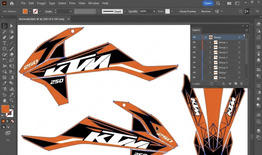 Adobe Illustrator screen showing orange KTM 250 motocross decal vector design with anchor points and layers panel