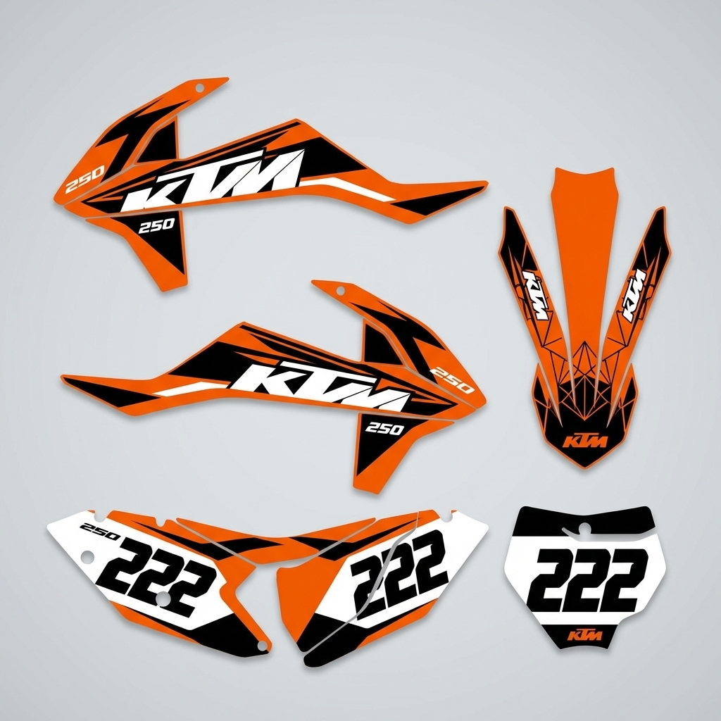 KTM 250 orange black white dirt bike graphics kit with 222 number plates and matching side decals