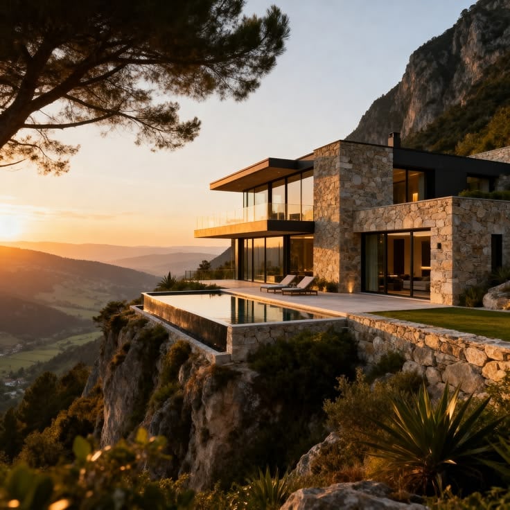Luxury modern cliffside villa with infinity pool overlooking valley at sunset