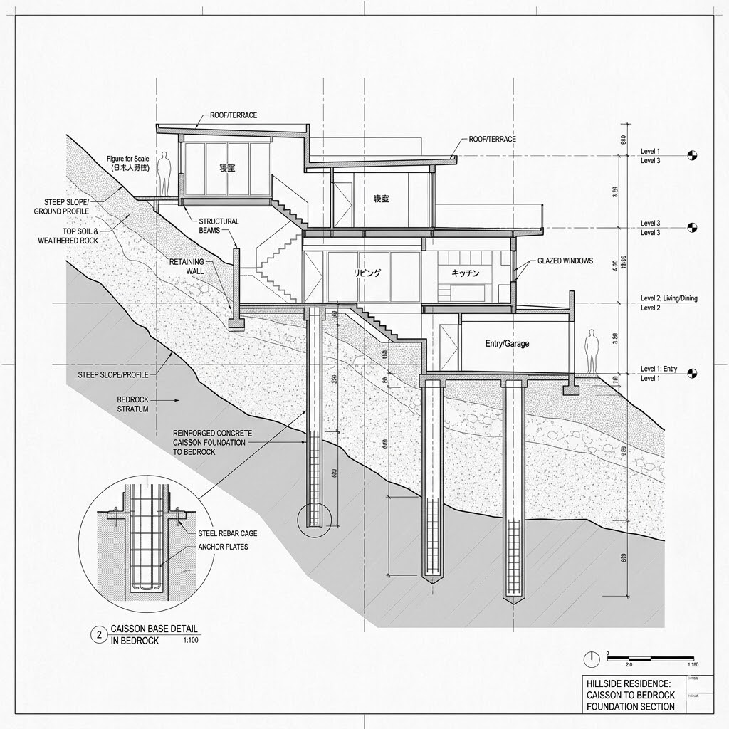 Architectural section of hillside house with caisson-to-bedrock foundations, retaining walls and multi-level living spaces