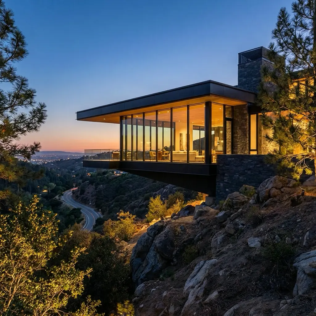Cantilevered glass-walled luxury cliffside home at sunset overlooking valley and winding road