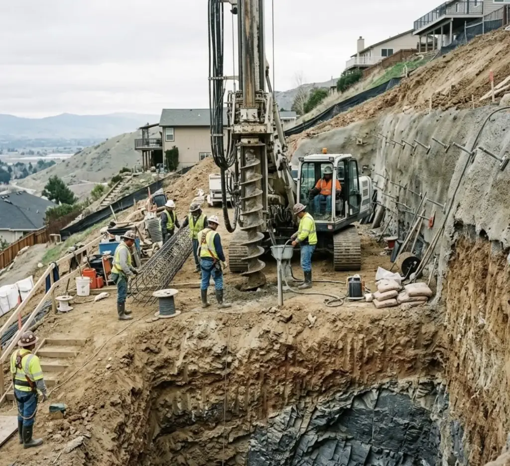 Hillside excavation with drilling rig and construction workers installing reinforced foundation near residential homes
