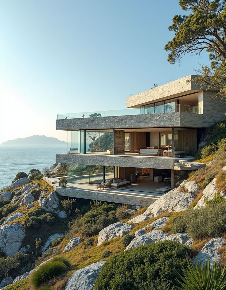 Luxury modern 3-level cliffside villa with floor-to-ceiling glass, wraparound terraces overlooking ocean and rocky coastline.