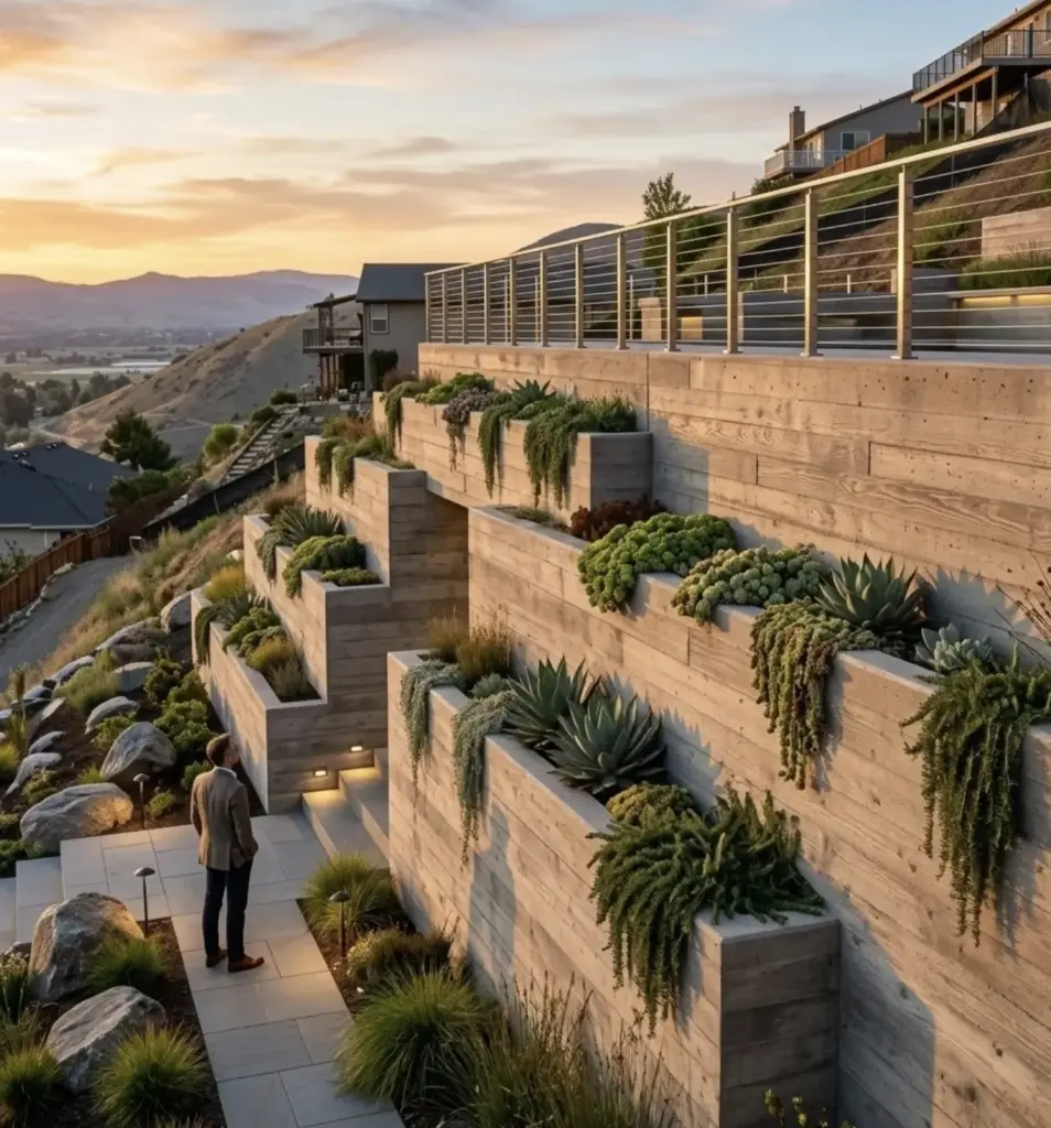 Modern terraced concrete retaining wall with succulent planters on hillside at sunset, man admiring the landscape