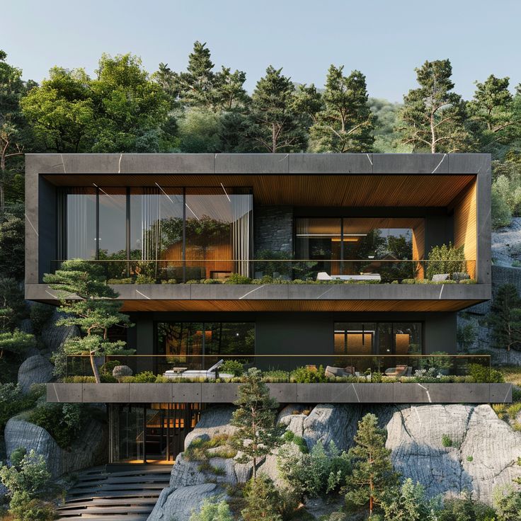 Modern luxury hillside house with floor-to-ceiling glass, wood accents and terraced balconies surrounded by forest and rock