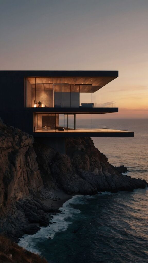 Cantilevered luxury modern glass house perched on rocky cliff overlooking ocean at sunset with warm interior lights