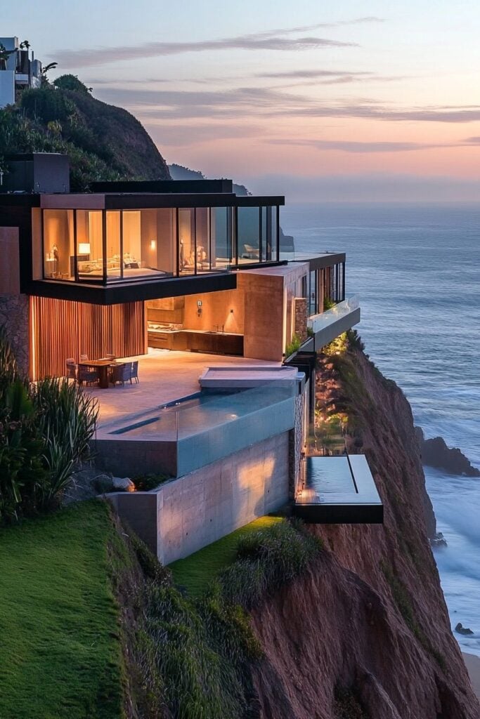 Luxury cliffside glass house with infinity pool and panoramic ocean view at sunset