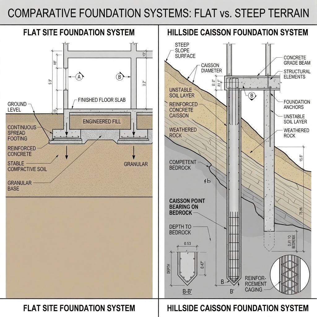 Cross-section diagram comparing flat site foundation system vs hillside caisson foundation for steep terrain, labeled parts.