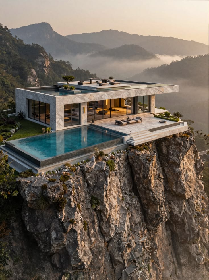 Modern luxury cliffside villa with infinity pool and terrace overlooking misty mountain valley at sunset