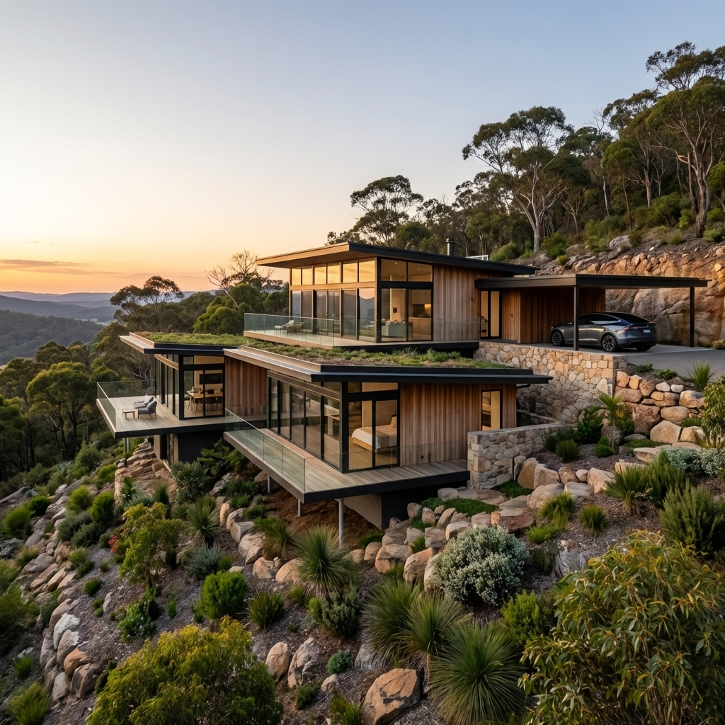 Contemporary luxury hillside home with glass balconies, wood cladding, cantilevered decks overlooking forest valley at sunset