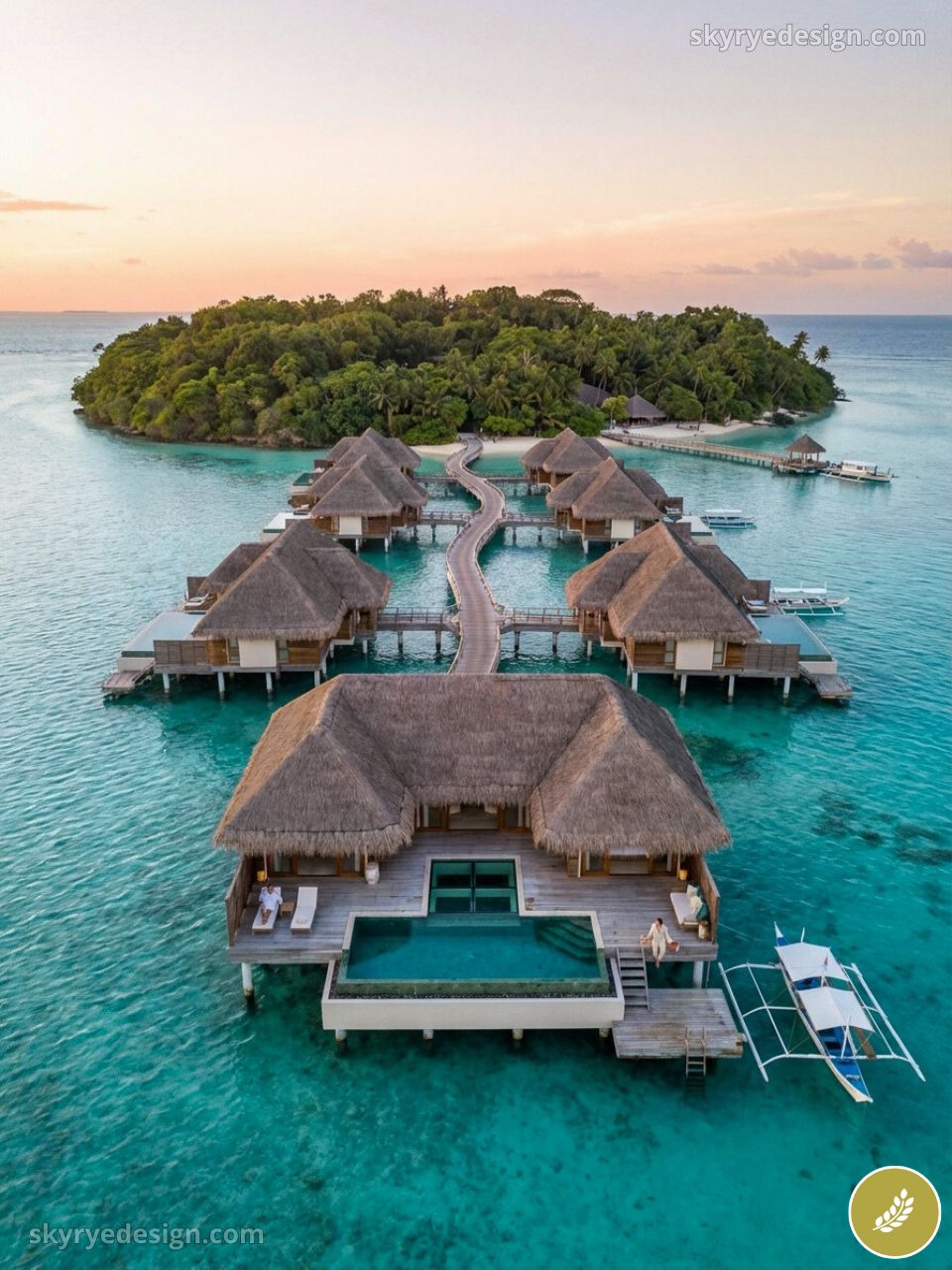 Luxury overwater bungalows with private pools on a turquoise lagoon beside a lush tropical island at sunset