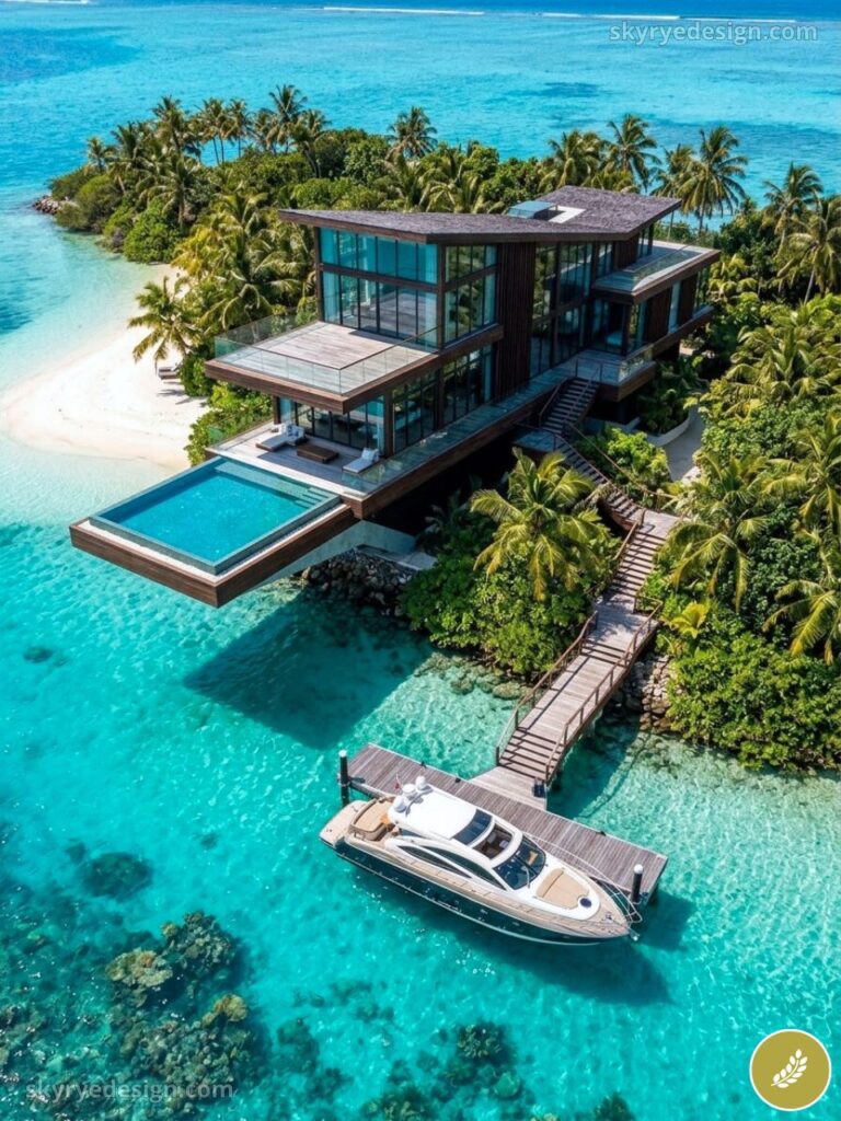 Luxury overwater villa with infinity pool, private dock and yacht on turquoise tropical lagoon surrounded by palm trees