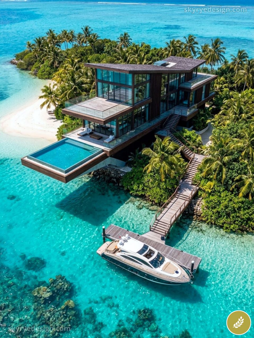 Luxury overwater villa with infinity pool, private dock and yacht on turquoise tropical lagoon surrounded by palm trees