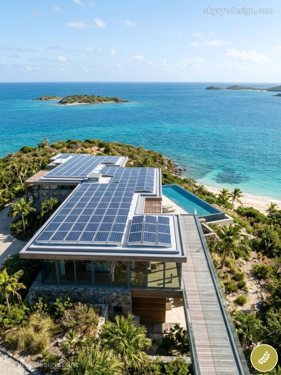 Aerial view of luxury coastal villa with rooftop solar panels, infinity pool and turquoise ocean on a tropical island