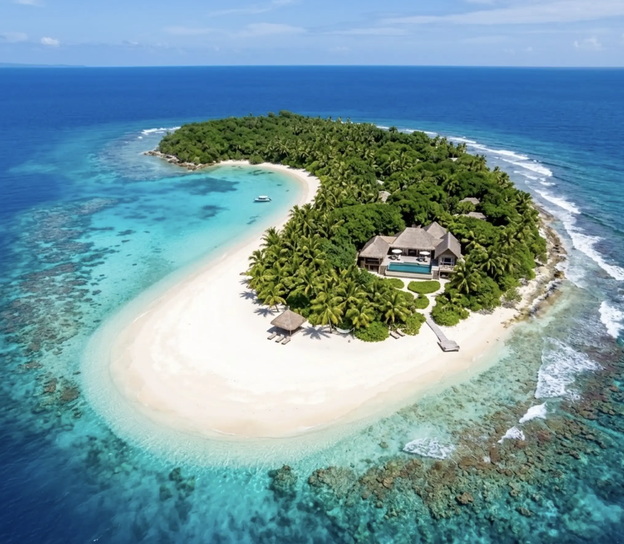 Aerial view of a private island resort with white‑sand beach, turquoise lagoon, palm trees, villa and dock