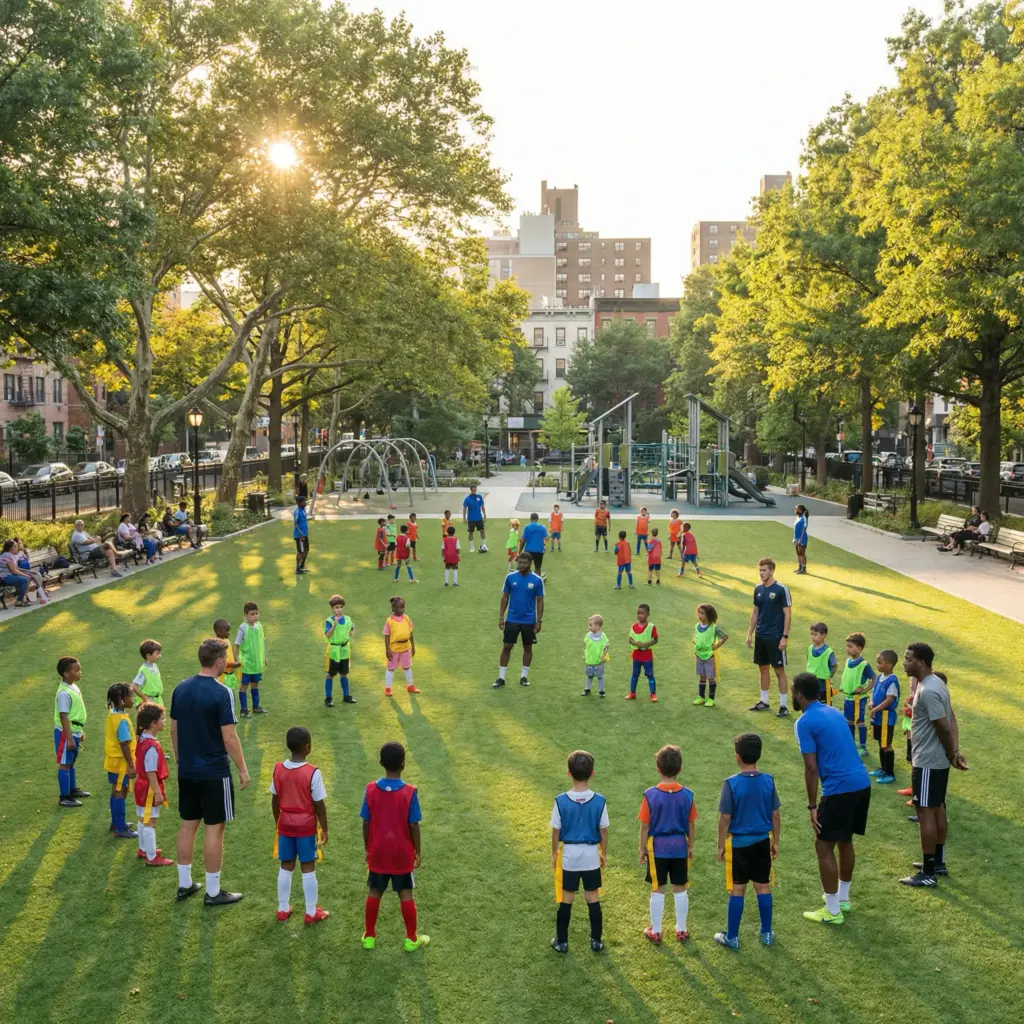 7511d532-af31-45cc-b1b4-e002619065b0 Youth soccer practice in urban park at sunset—children and coaches in colored pinnies forming a training circle on grass. | Sky Rye Design Youth soccer practice in urban park at sunset—children and coaches in colored pinnies forming a training circle on grass.