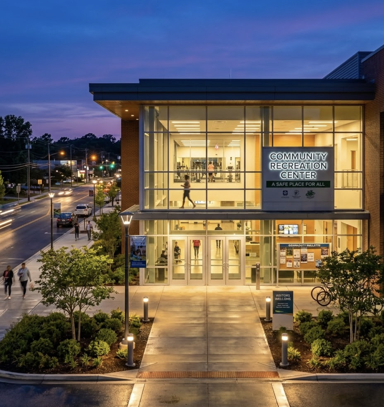 Screenshot 2026-03-02 at 174459 Dusk view of glass-front community recreation center and gym, warmly lit inside, pedestrians and cars on adjacent street | Sky Rye Design Dusk view of glass-front community recreation center and gym, warmly lit inside, pedestrians and cars on adjacent street