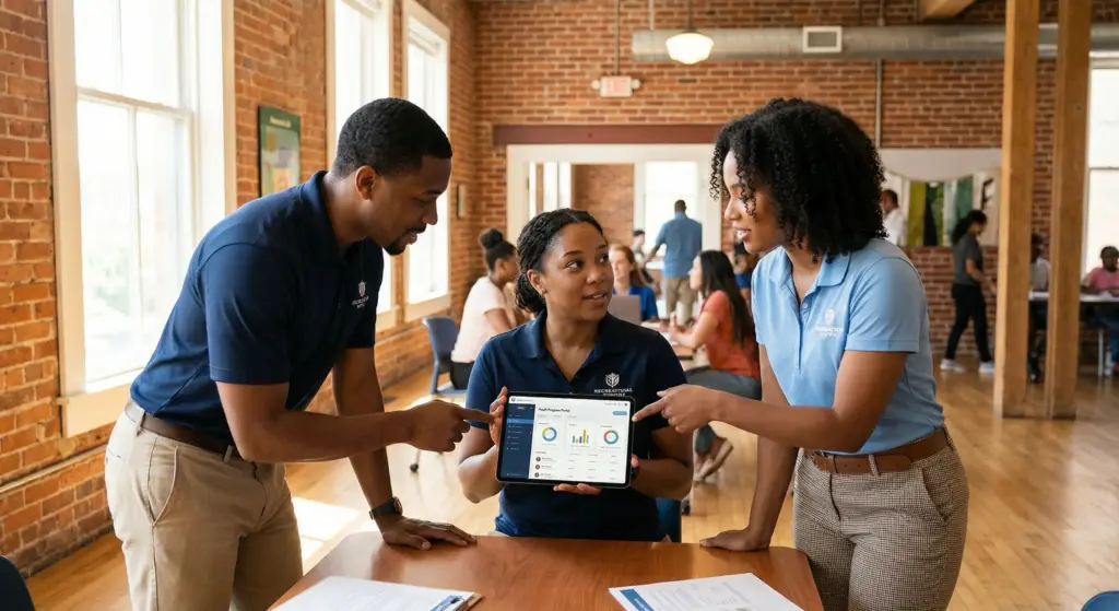 h 02 2026 - 5_49PMjpg Community center staff team meeting reviewing program dashboard on tablet in bright brick office | Sky Rye Design Community center staff team meeting reviewing program dashboard on tablet in bright brick office