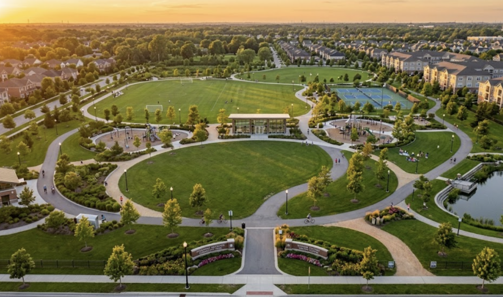 Screenshot 2026-03-02 at 174111 Aerial view of a suburban community park at sunset with circular walking paths, playgrounds, sports fields and tennis courts | Sky Rye Design Aerial view of a suburban community park at sunset with circular walking paths, playgrounds, sports fields and tennis courts