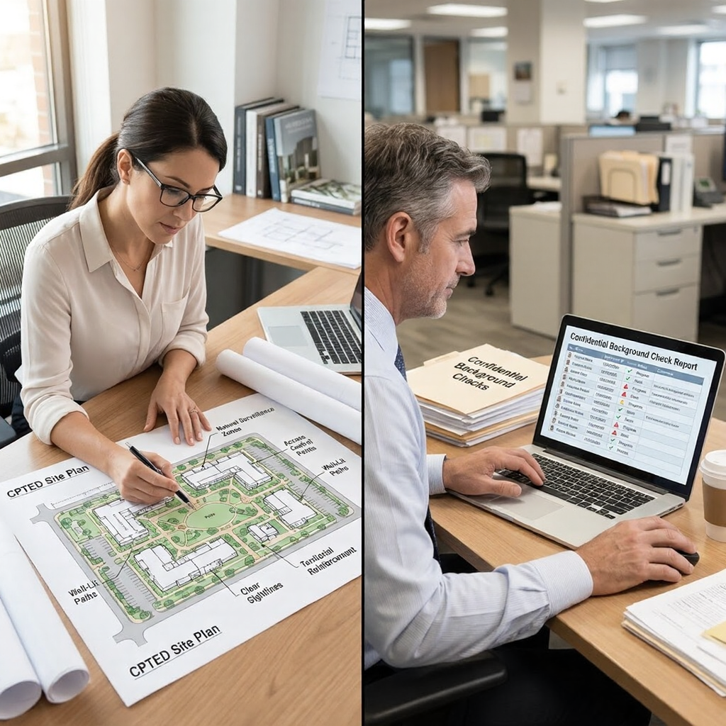 unnamed - 2026-03-02T174756660 Split view: designer marking CPTED site plan on desk; colleague reviewing confidential background check on laptop | Sky Rye Design Split view: designer marking CPTED site plan on desk; colleague reviewing confidential background check on laptop