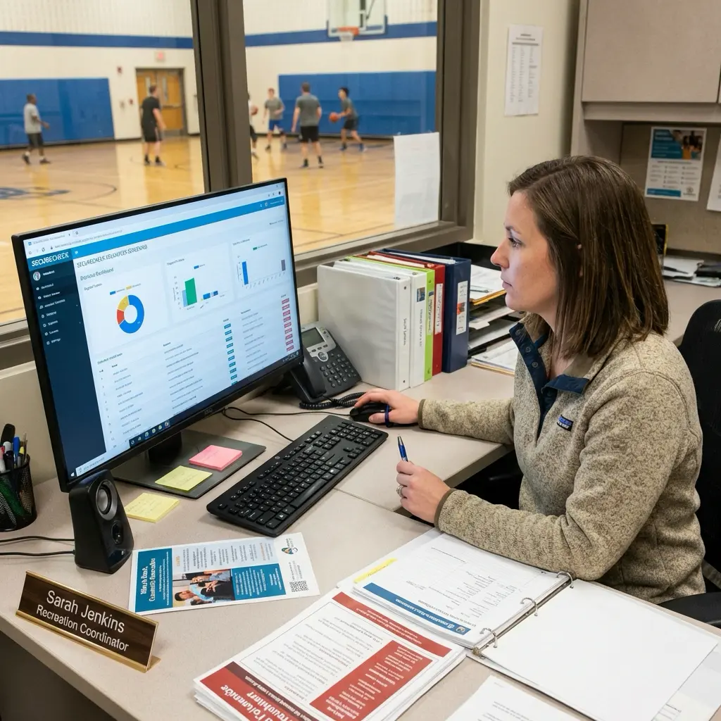 777d56d2-aecd-4ac8-aee8-3a90c799777d Recreation center coordinator at desk reviewing analytics dashboard on computer with gym court visible through window | Sky Rye Design Recreation center coordinator at desk reviewing analytics dashboard on computer with gym court visible through window