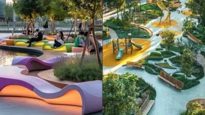 Urban waterfront park with colorful wave-shaped seating, people relaxing, landscaped playground, winding paths and slides