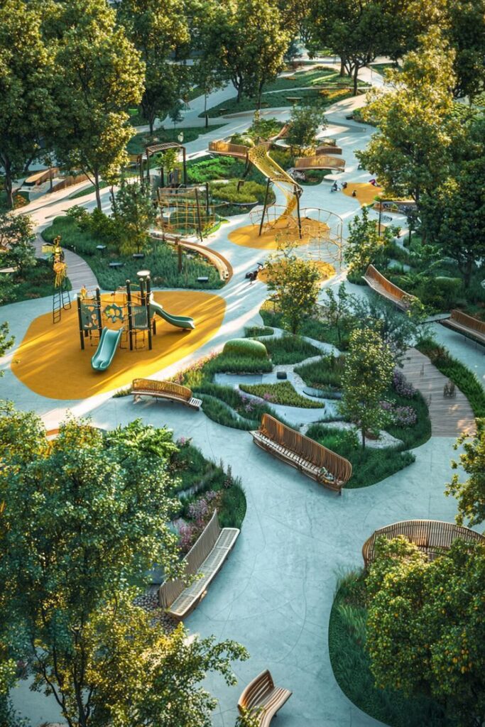 urban design 2 Aerial view of modern urban playground in lush park with winding paths, slides, climbing structures and wooden benches | Sky Rye Design Aerial view of modern urban playground in lush park with winding paths, slides, climbing structures and wooden benches