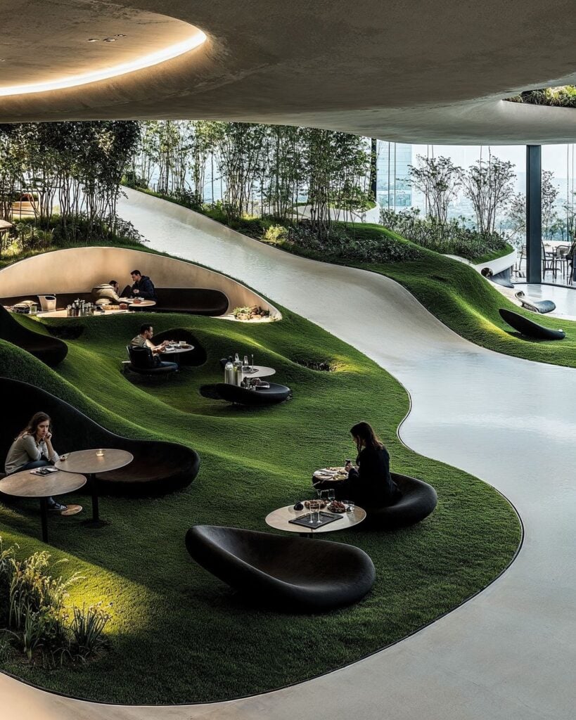 869bfa93d82118ceb8c3f07f91ad7aa1 Biophilic urban lounge with rolling grass mounds, curved black seats, dining tables and white flowing pathways | Sky Rye Design Biophilic urban lounge with rolling grass mounds, curved black seats, dining tables and white flowing pathways