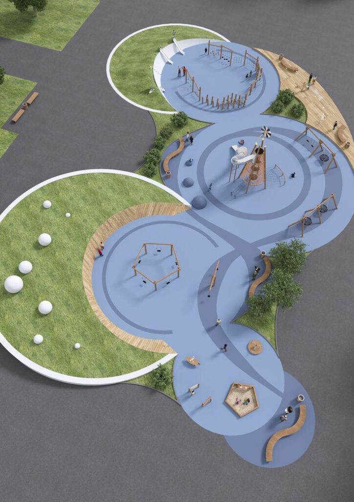 d0abbf466485c1e5ef94a55f145ed2d7 Aerial view of modern circular playground with blue rubber surfaces, wooden play structures, swings, slides and grassy areas. | Sky Rye Design Aerial view of modern circular playground with blue rubber surfaces, wooden play structures, swings, slides and grassy areas.