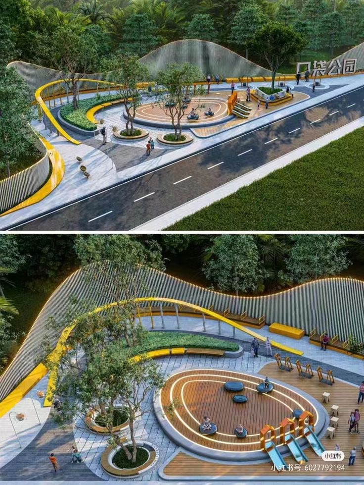 ac257e32299fda74e3ee89b9174717f3 Aerial view of urban park plaza featuring circular wooden deck, seating, curving yellow railings, trees beside road. | Sky Rye Design Aerial view of urban park plaza featuring circular wooden deck, seating, curving yellow railings, trees beside road.