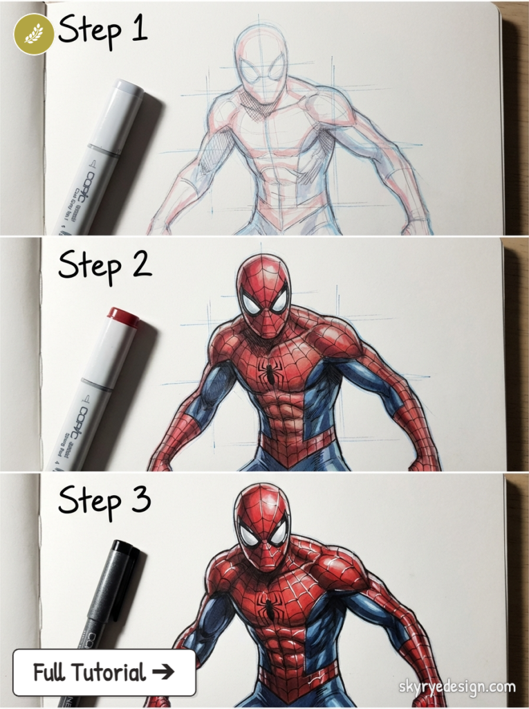 Spider-Man drawing tutorial using Copic markers: step 1 sketch, step 2 color, step 3 inked final illustration