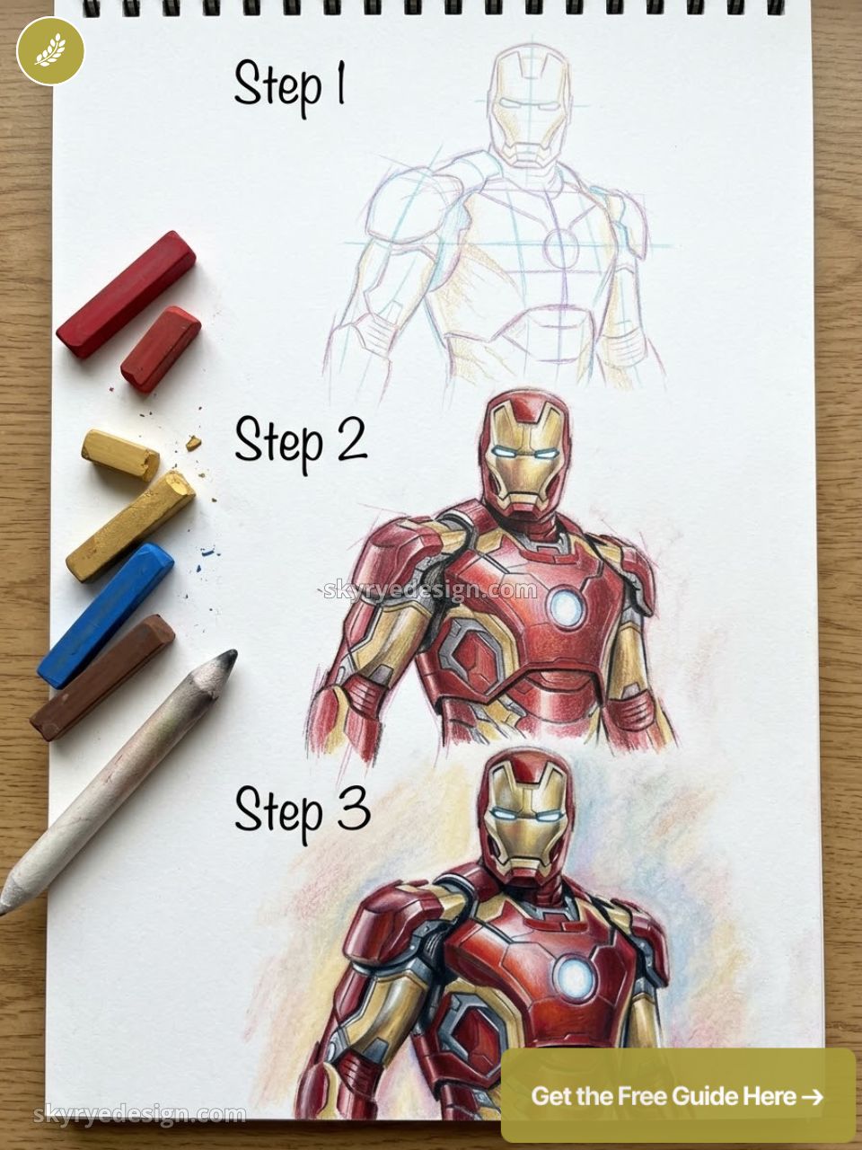 Iron Man drawing tutorial step-by-step - colored pastel sketchbook with pastels and blending stump