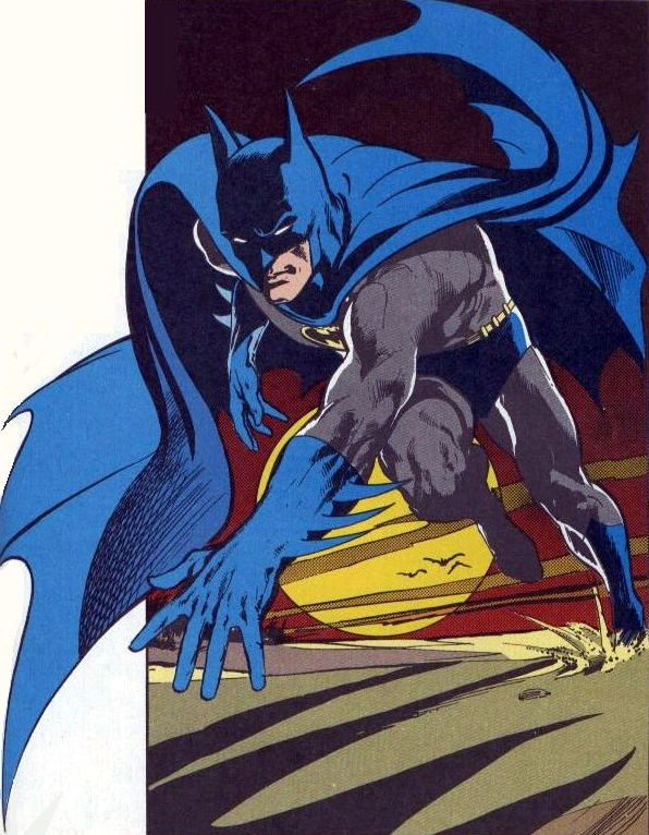 Dynamic Batman comic art in blue cape lunging forward over rooftop at sunset, vintage comic book illustration