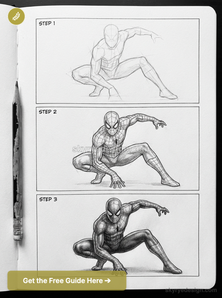 Three-panel pencil tutorial (steps 1-3): Spider-Man crouching, from rough sketch to detailed shaded drawing.
