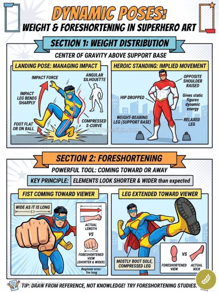 Superhero art infographic: dynamic poses, weight & foreshortening tips—landing, heroic stance, foreshortened fist/leg