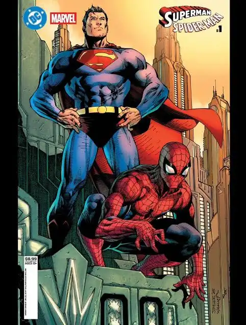 Superman and Spider-Man on rooftop comic cover with city skyline, superhero crossover illustration