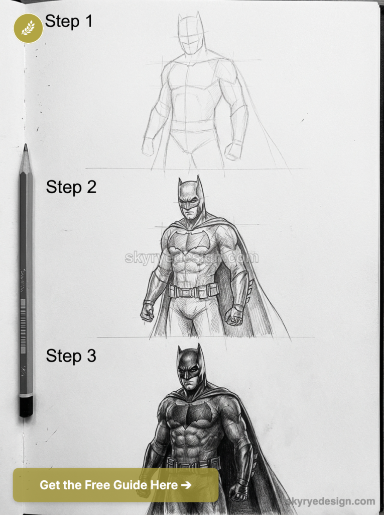 Batman drawing tutorial: three-step pencil guide showing initial sketch, refined sketch, and final shaded figure