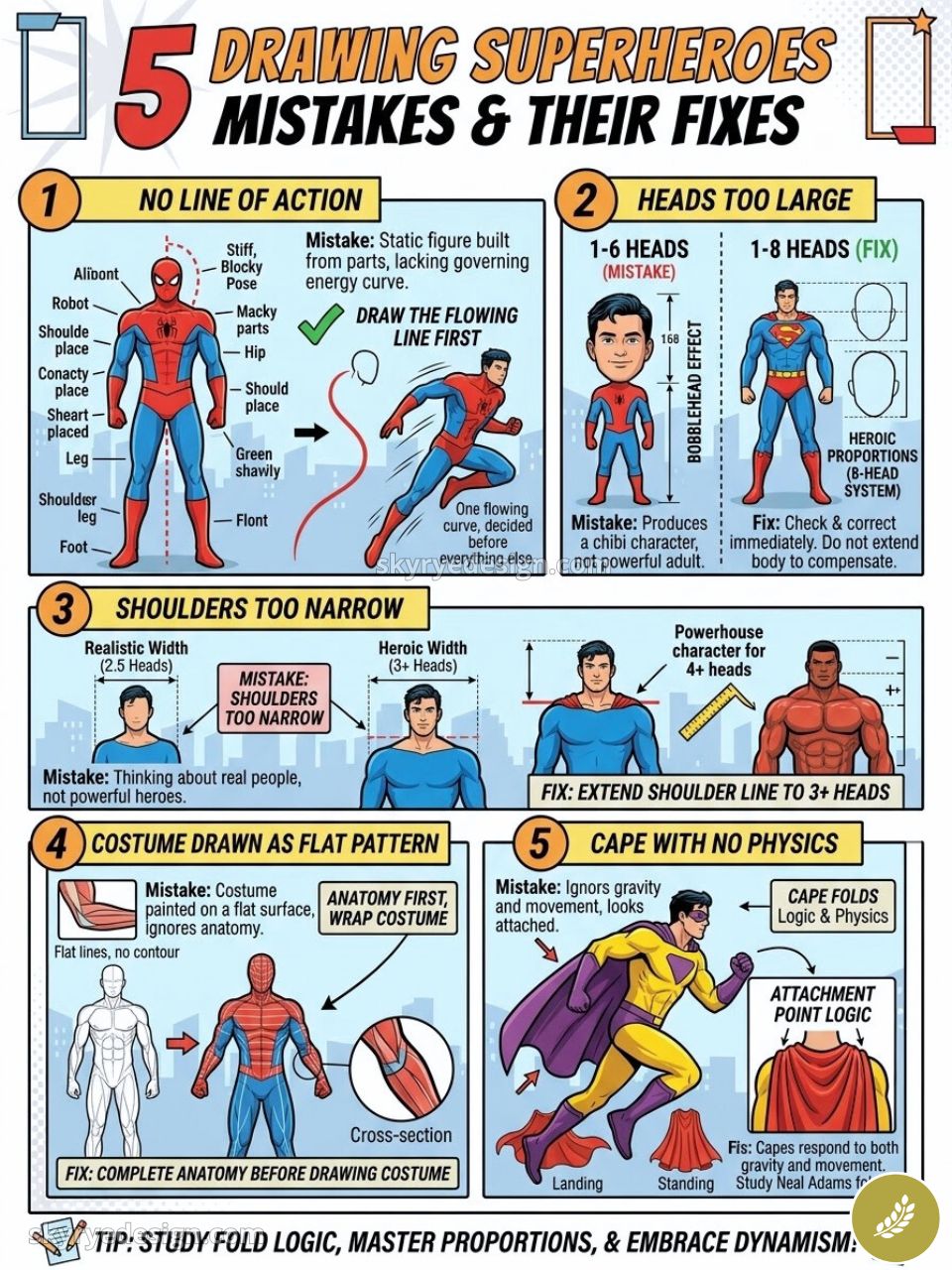 Superhero drawing infographic: 5 common mistakes & fixes — line of action, head size, shoulders, costume anatomy, cape physics