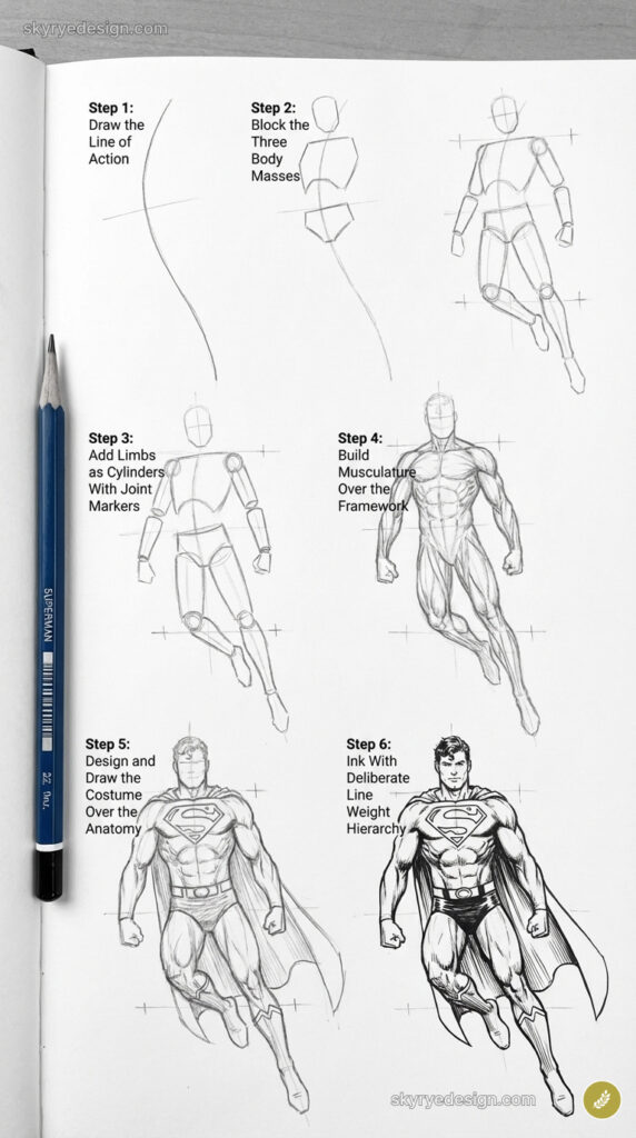 Comic book figure drawing tutorial: 6 stages from line of action to inked superhero sketch