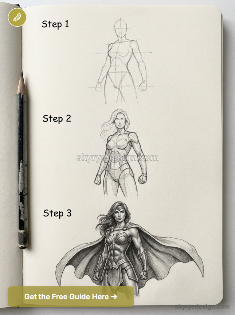 Three-step pencil sketch tutorial of female superhero figure in a sketchbook, from basic form to detailed shaded drawing.