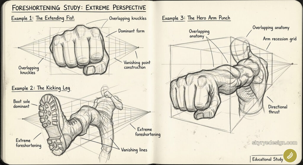 Foreshortening study sketchbook: pencil drawings of extending fist, kicking leg, and hero arm punch with perspective grids