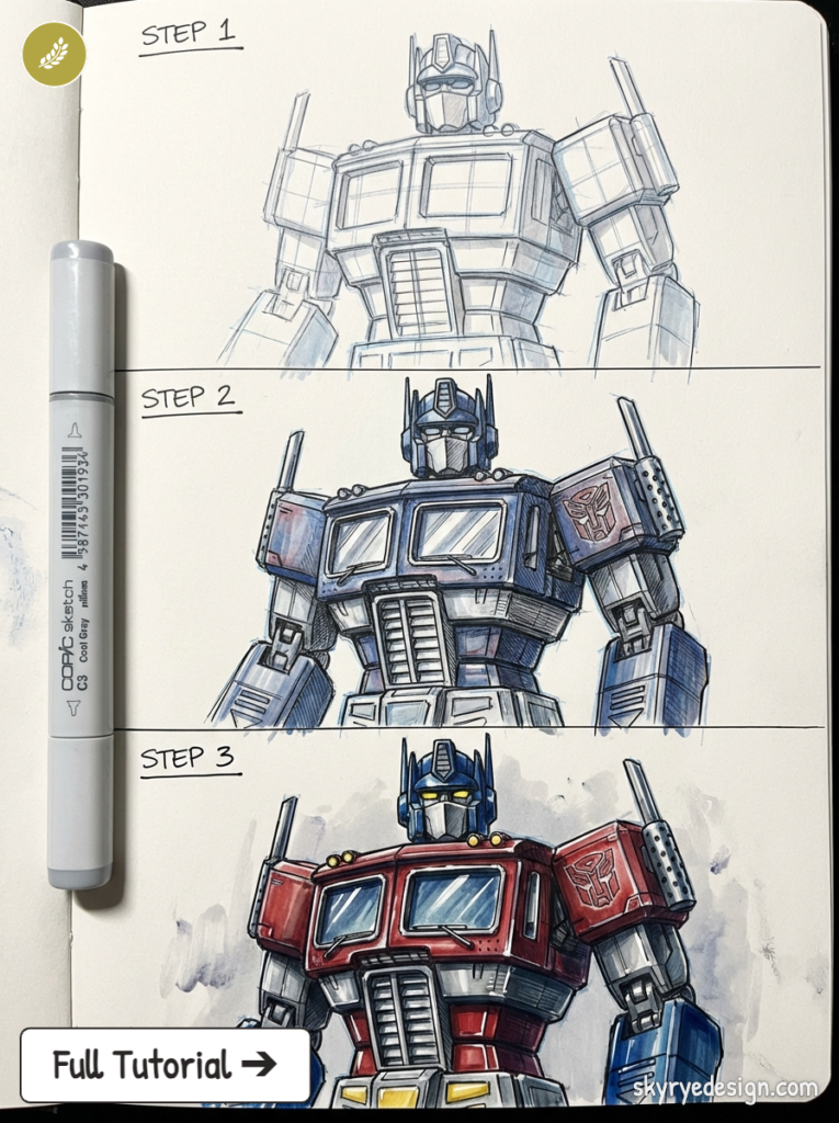Optimus Prime drawing tutorial: step-by-step Copic sketchbook showing pencil, inked, and colored stages.