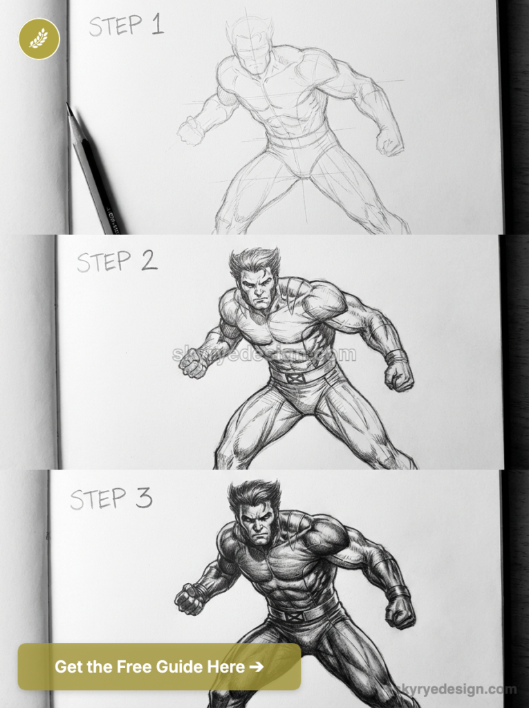 How to draw: step-by-step pencil tutorial showing three-stage progression of muscular superhero sketch in sketchbook