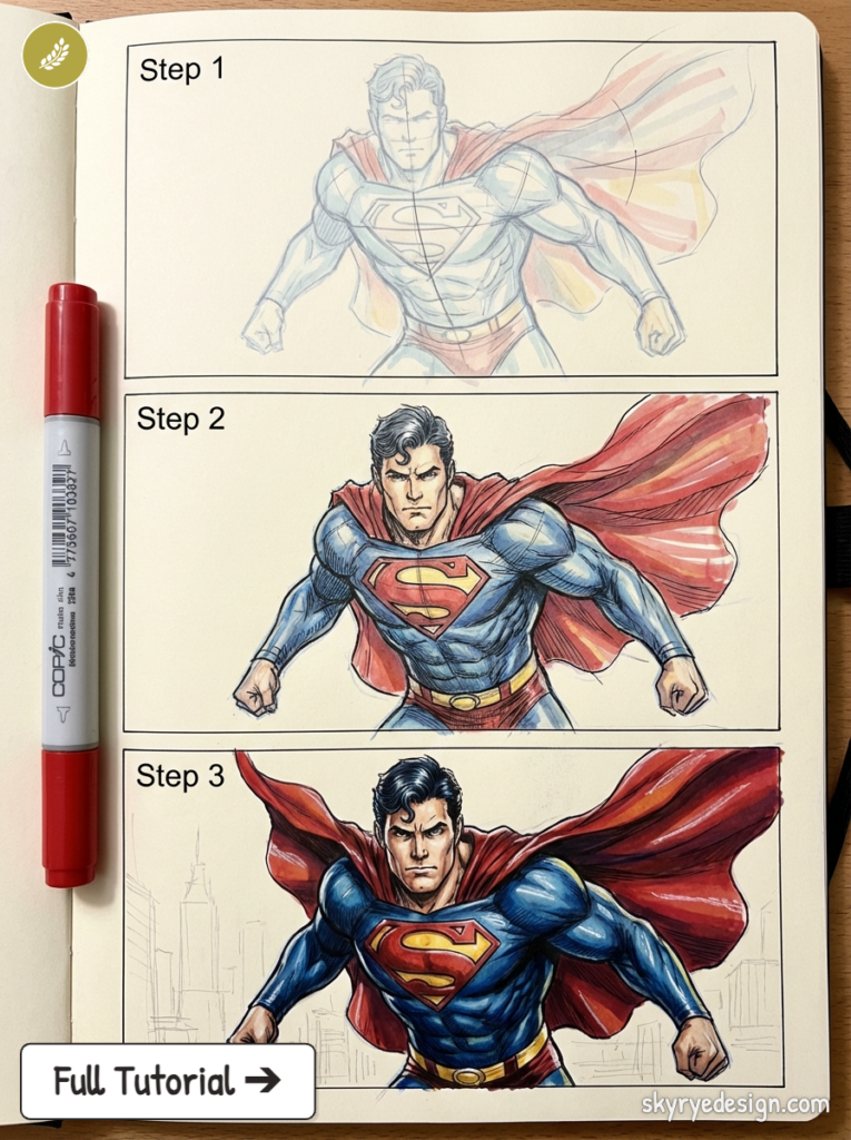 Superman step-by-step drawing tutorial in sketchbook: pencil sketch to full-color marker illustration.