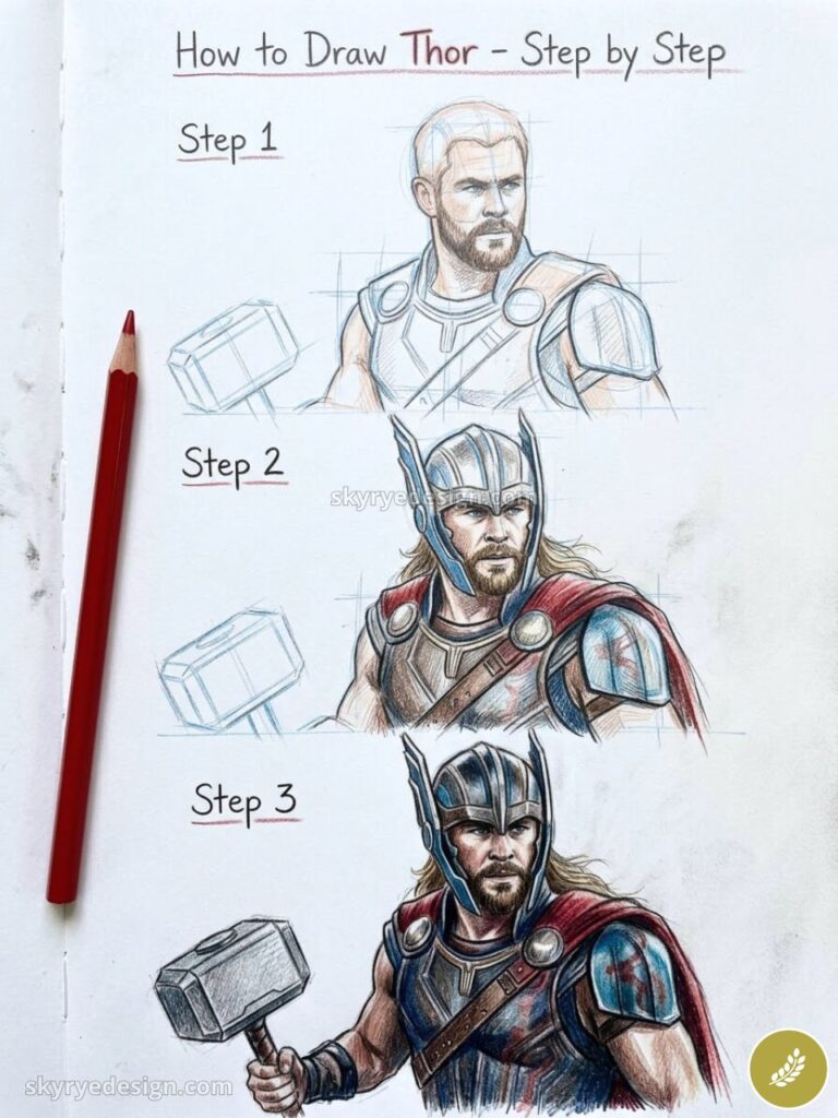 Thor drawing tutorial - three-step colored pencil sketch progression with helmet, hammer and red pencil