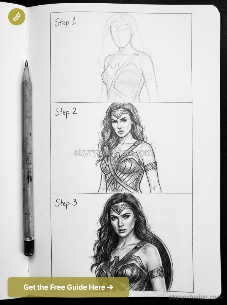 Wonder Woman pencil drawing tutorial: three-step sketch progression from rough outline to detailed portrait.